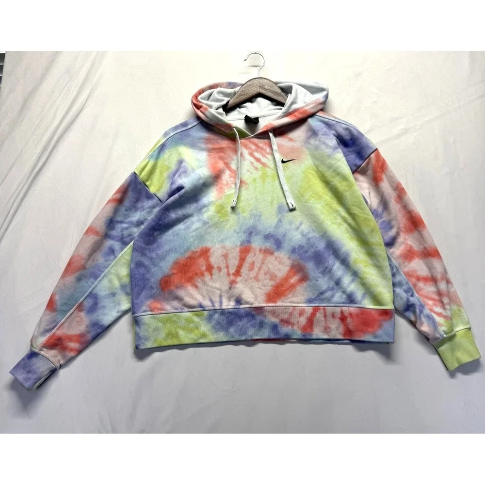 Nike Cropped Hoodie Womens‎ Small Multi Tie Dye Swoosh Logo Cotton Ribbed Trim